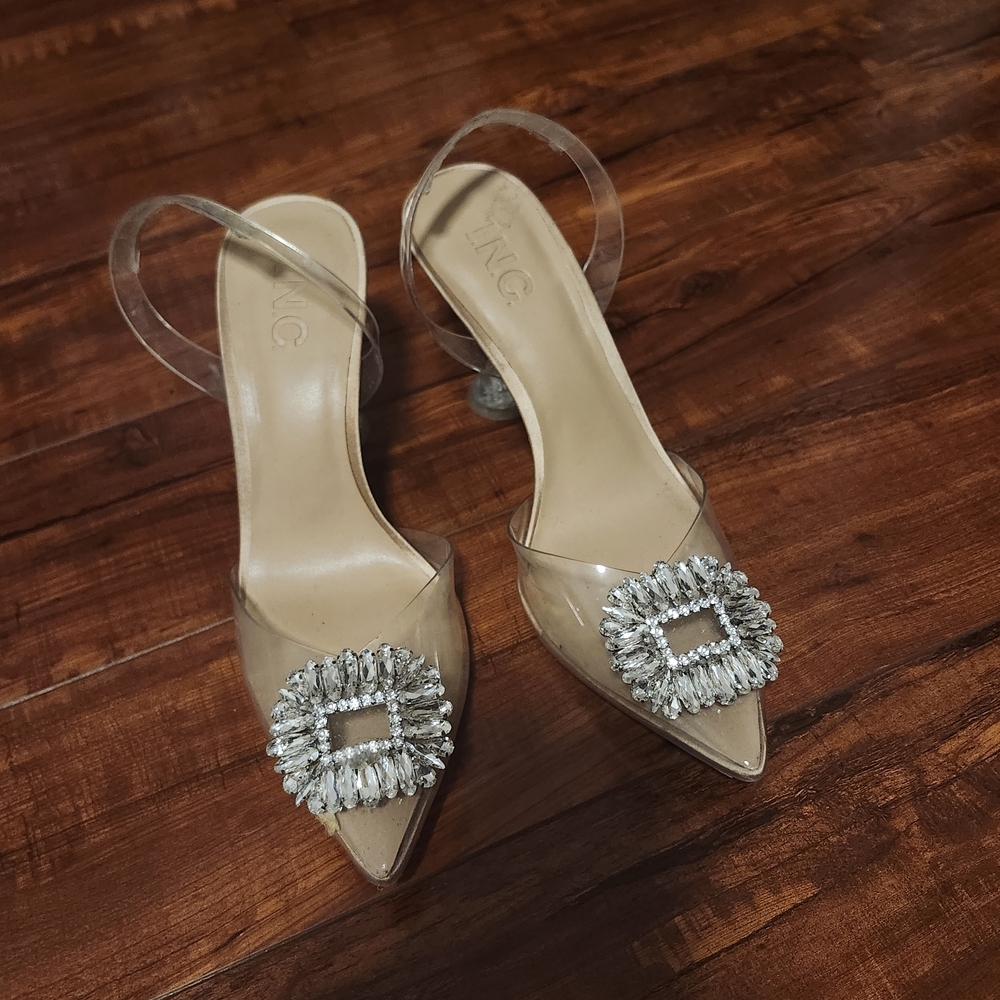 INC International Concepts Women's Clear Heels with Crystal Embellishment.(USED)